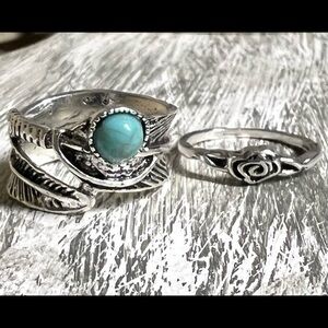 Stainless Steel Boho Feather Turquoise Ring size 5 3/4 + free rose ring lot
